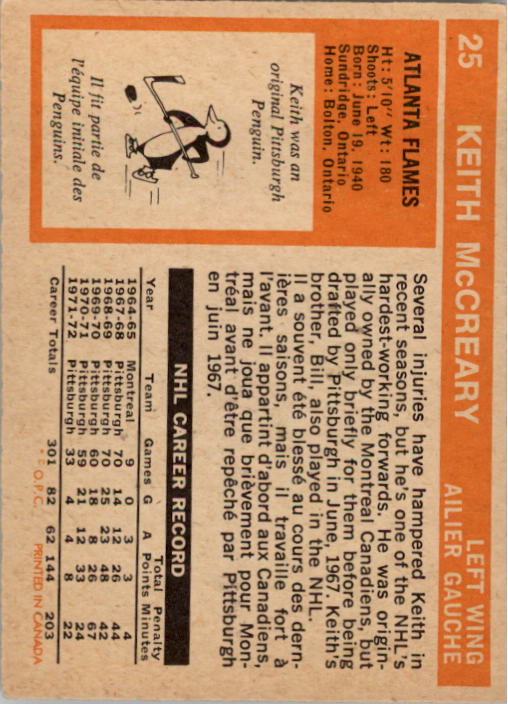 1972-73 O-Pee-Chee #25 Keith McCreary back image
