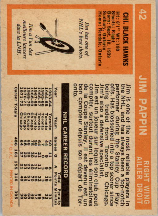 1972-73 O-Pee-Chee #42 Jim Pappin back image