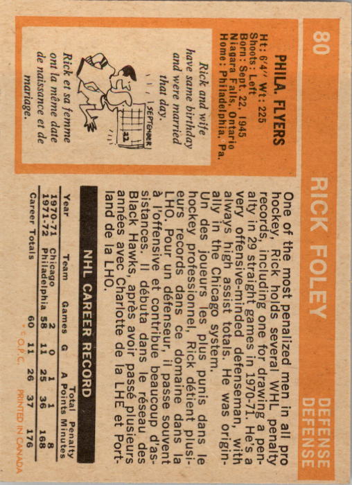 1972-73 O-Pee-Chee #80 Rick Foley RC back image