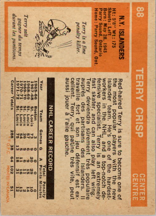 1972-73 O-Pee-Chee #88 Terry Crisp back image
