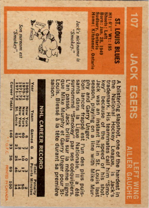 1972-73 O-Pee-Chee #107 Jack Egers RC back image
