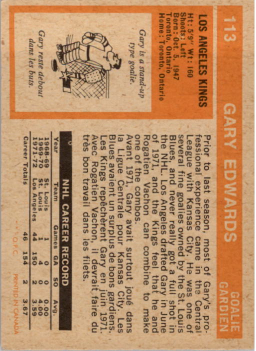 1972-73 O-Pee-Chee #113 Gary Edwards back image