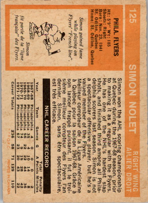 1972-73 O-Pee-Chee #125 Simon Nolet back image