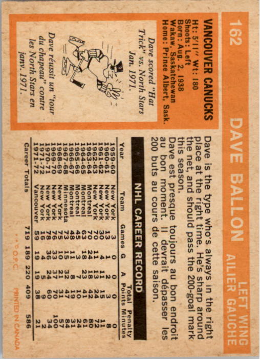 1972-73 O-Pee-Chee #162 Dave Balon UER/(Misspelled Ballon on back) back image