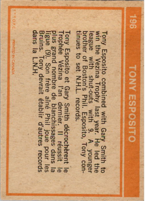 1972-73 O-Pee-Chee #196 Tony Esposito IA back image