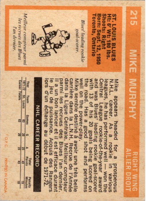 1972-73 O-Pee-Chee #215 Mike Murphy RC back image