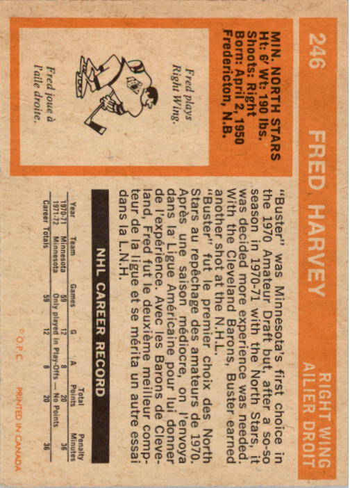 1972-73 O-Pee-Chee #246 Fred Harvey RC back image