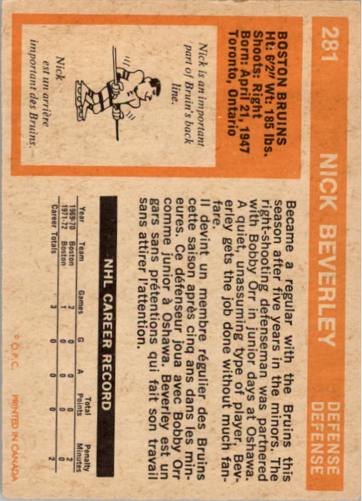 1972-73 O-Pee-Chee #281 Nick Beverley RC back image