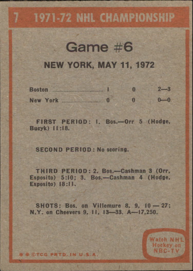 1972-73 Topps #7 Playoff Game 6 DP/Bruins 3/Rangers 0 back image