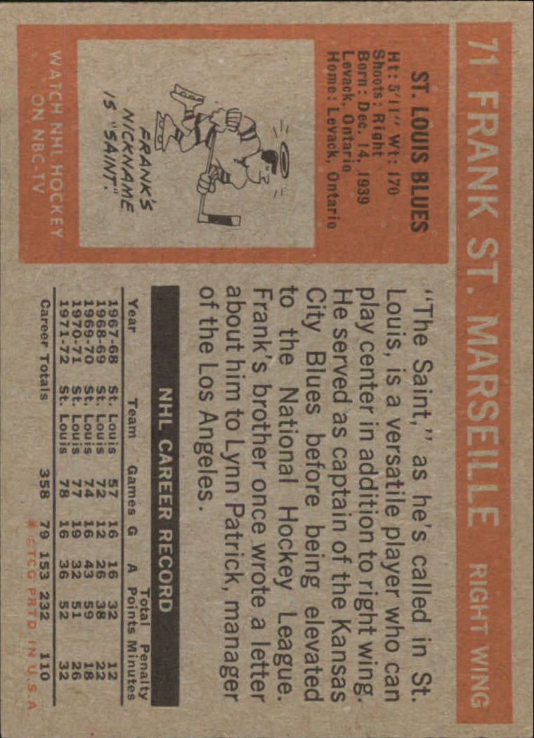 1972-73 Topps #71 Frank St.Marseille DP back image