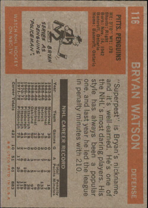 1972-73 Topps #116 Bryan Watson back image