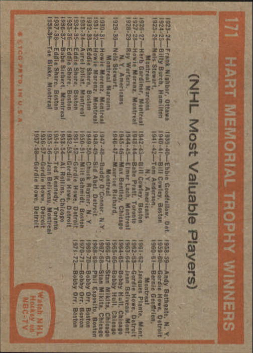 1972-73 Topps #171 Hart Memorial Trophy back image