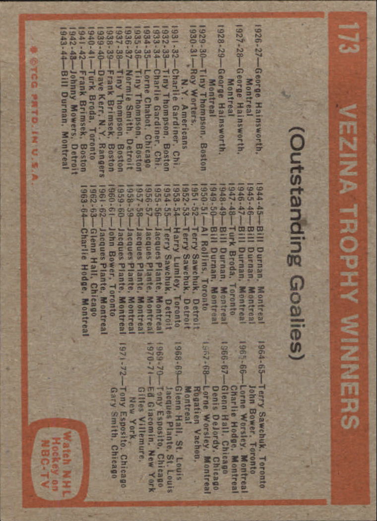 1972-73 Topps #173 Vezina Trophy DP back image