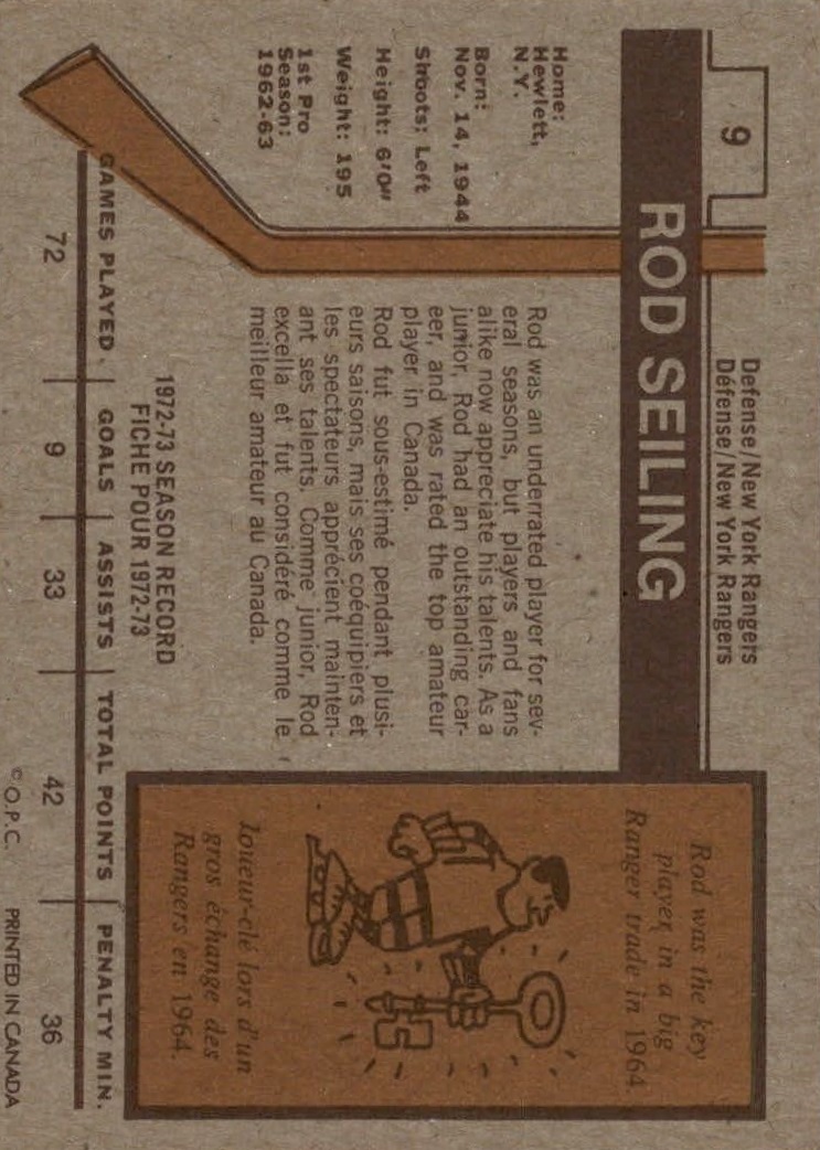 1973-74 O-Pee-Chee #9 Rod Seiling back image
