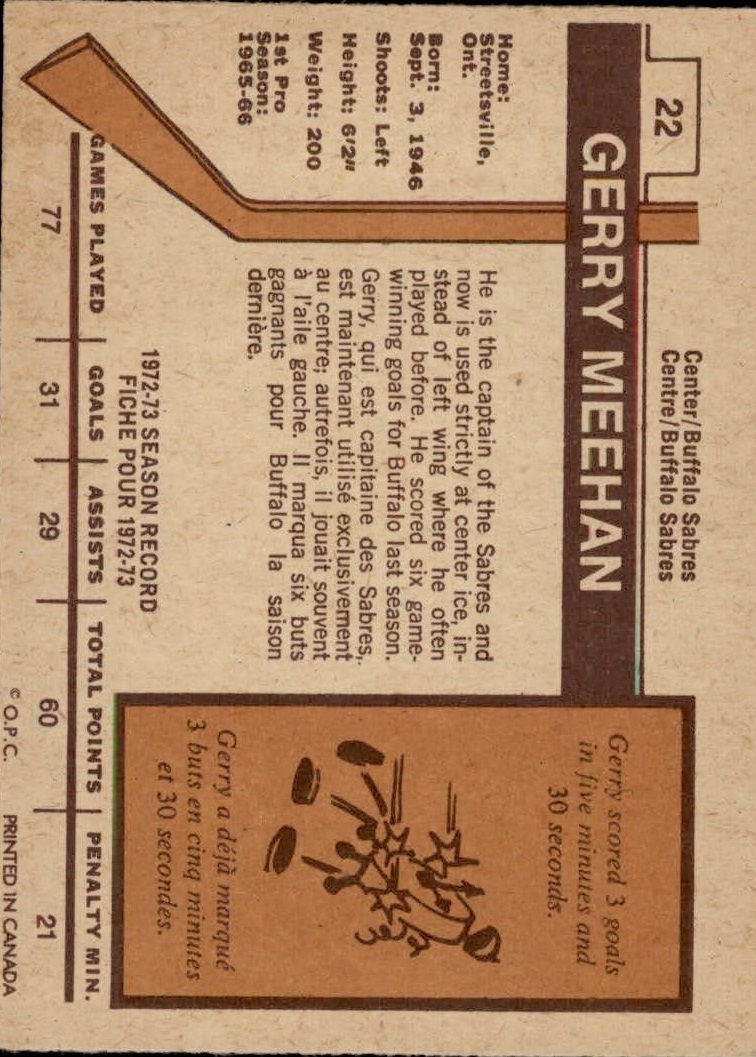 1973-74 O-Pee-Chee #22 Gerry Meehan back image