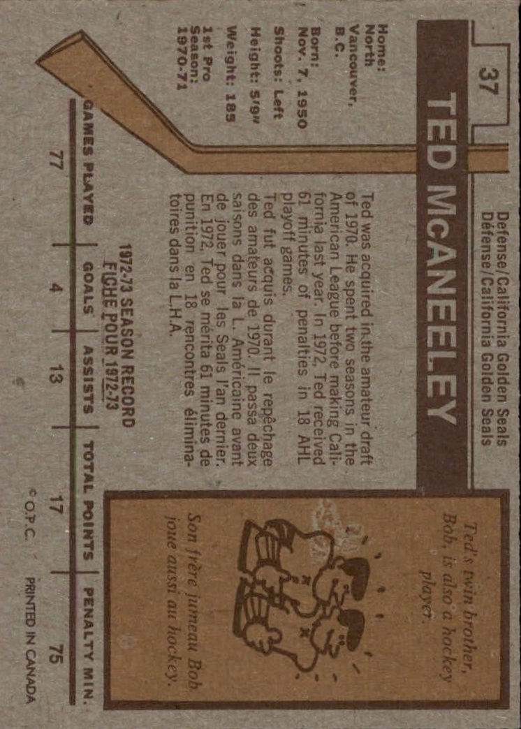 1973-74 O-Pee-Chee #37 Ted McAneeley back image