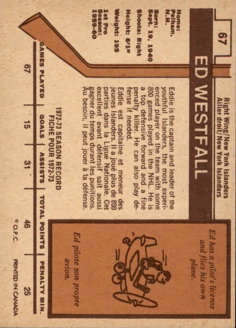 1973-74 O-Pee-Chee #67 Ed Westfall back image