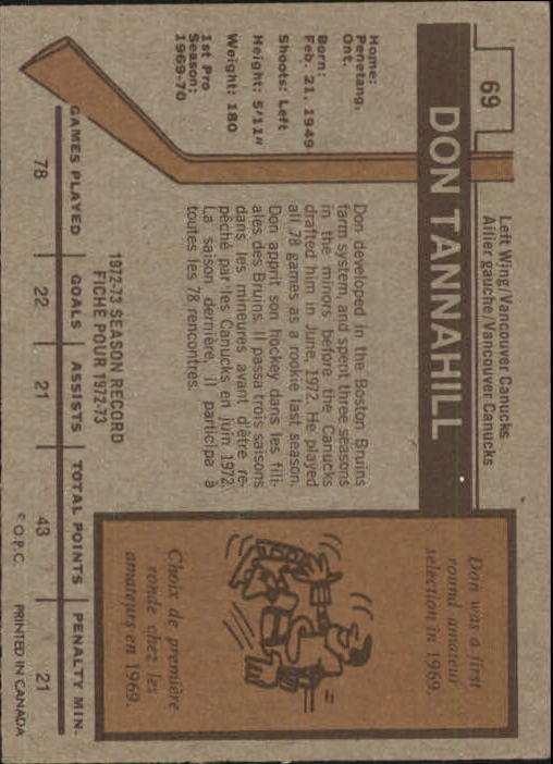 1973-74 O-Pee-Chee #69 Don Tannahill back image