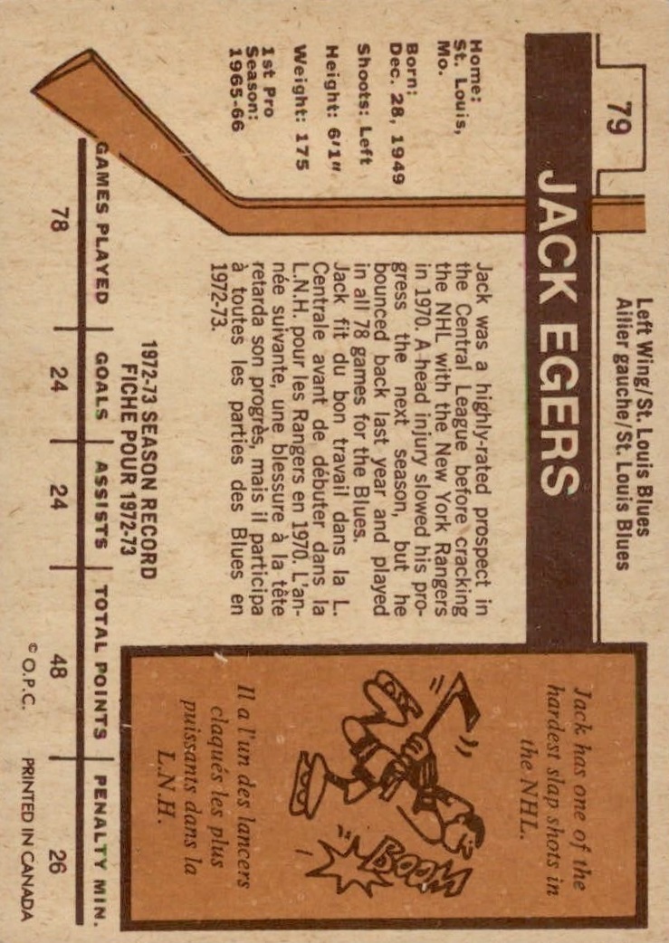 1973-74 O-Pee-Chee #79 Jack Egers back image