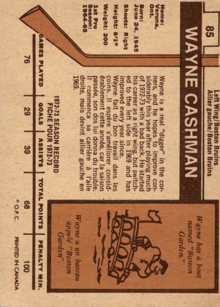 1973-74 O-Pee-Chee #85 Wayne Cashman back image