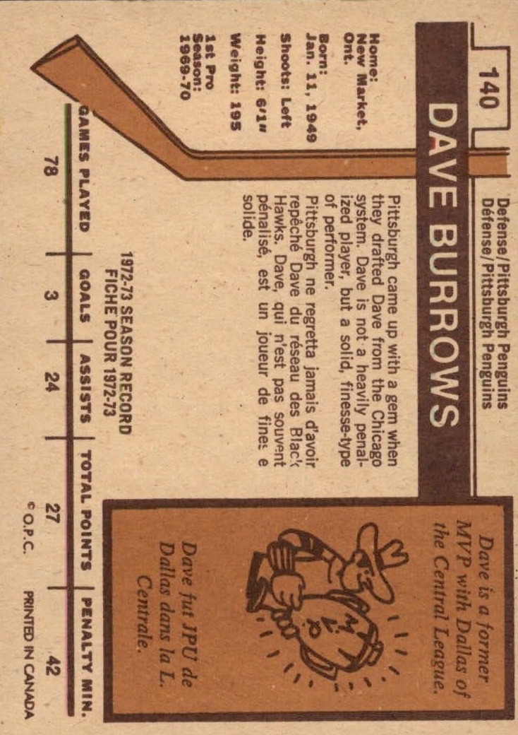 1973-74 O-Pee-Chee #140 Dave Burrows back image