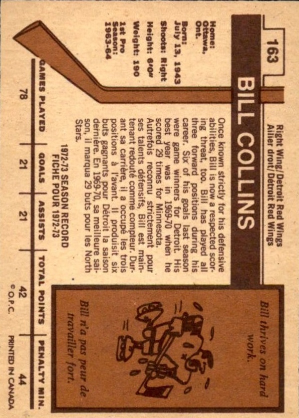 1973-74 O-Pee-Chee #163 Bill Collins back image