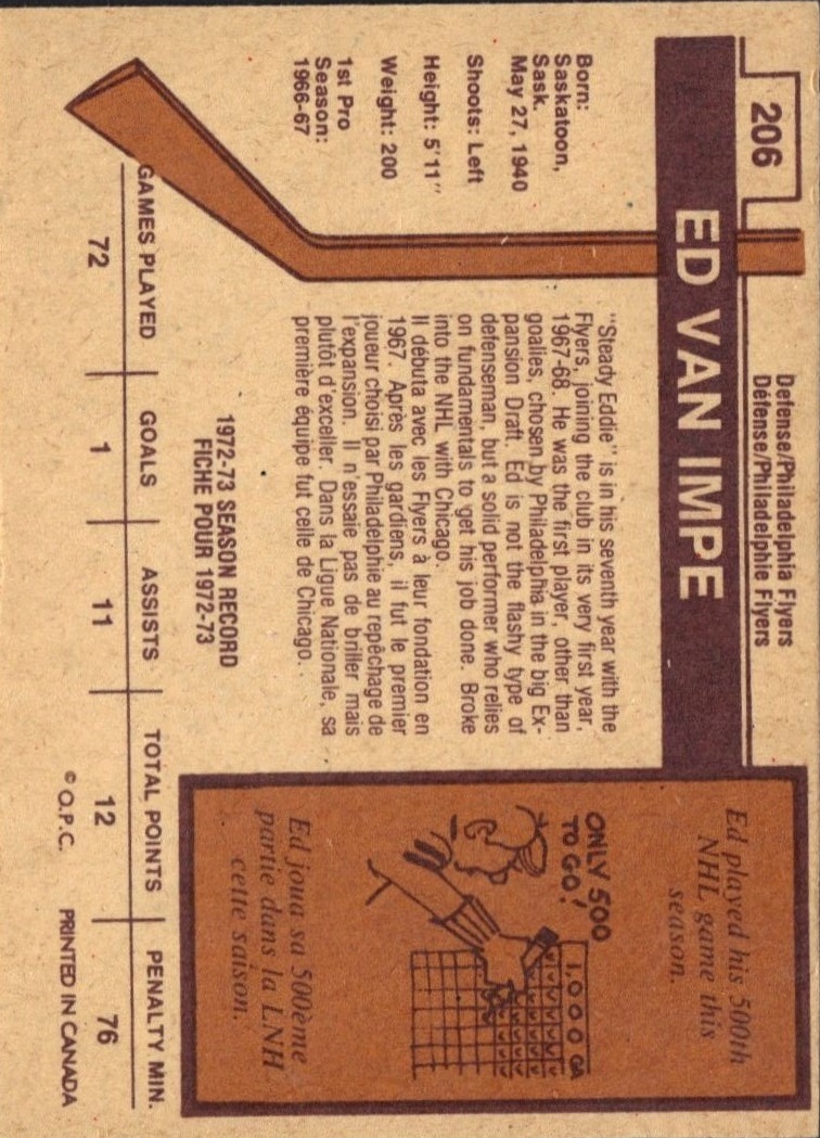 1973-74 O-Pee-Chee #206 Ed Van Impe back image