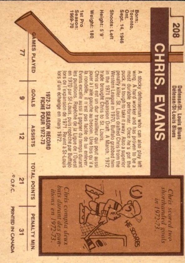 1973-74 O-Pee-Chee #208 Chris Evans back image