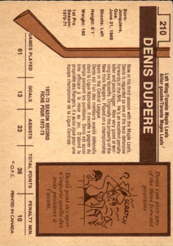 1973-74 O-Pee-Chee #210 Denis Dupere back image