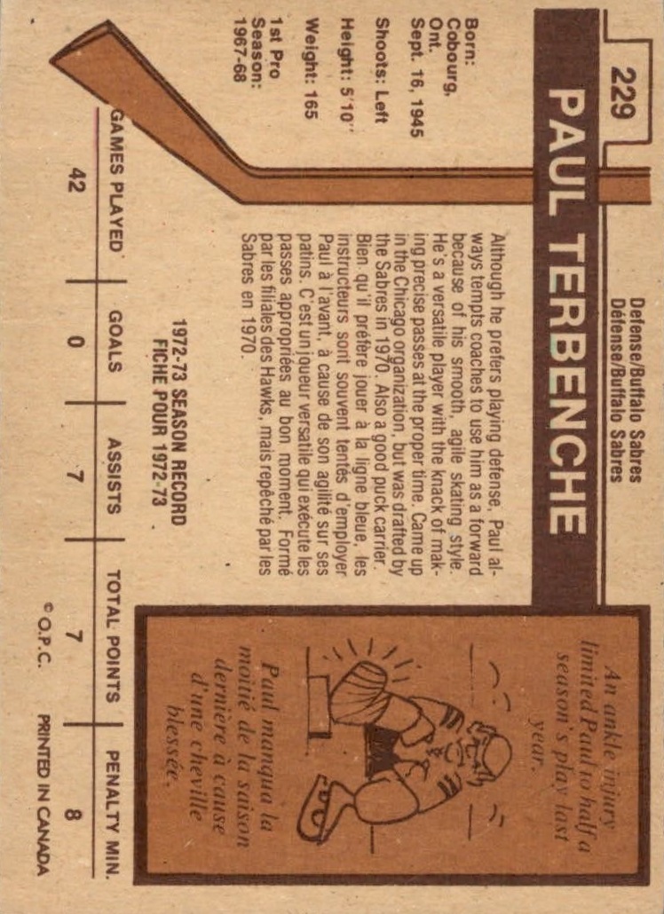 1973-74 O-Pee-Chee #229 Paul Terbenche back image