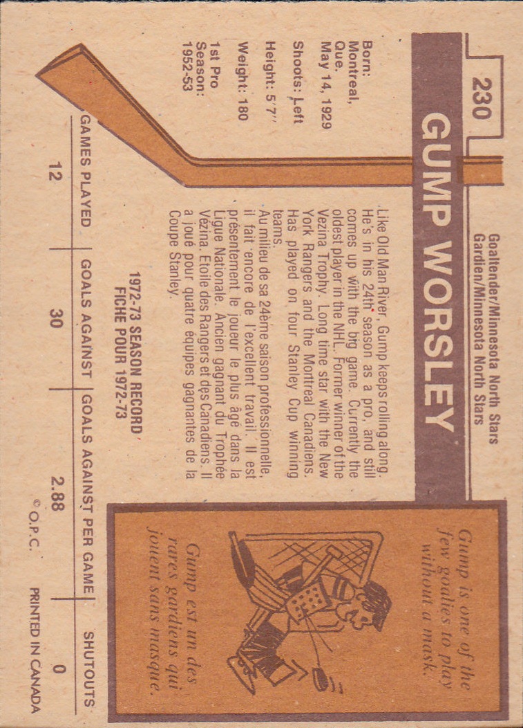 1973-74 O-Pee-Chee #230 Gump Worsley back image