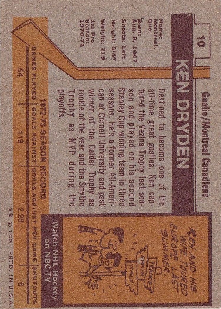 1973-74 Topps #10 Ken Dryden back image