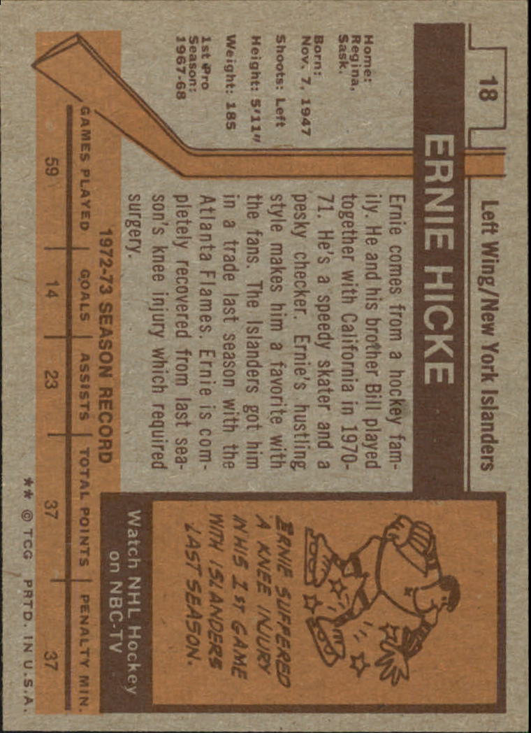 1973-74 Topps #18 Ernie Hicke DP back image