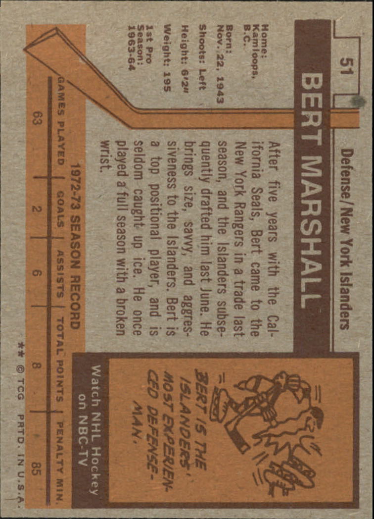 1973-74 Topps #51 Bert Marshall DP back image
