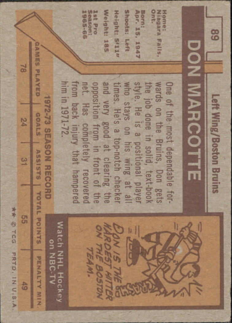 1973-74 Topps #89 Don Marcotte DP back image