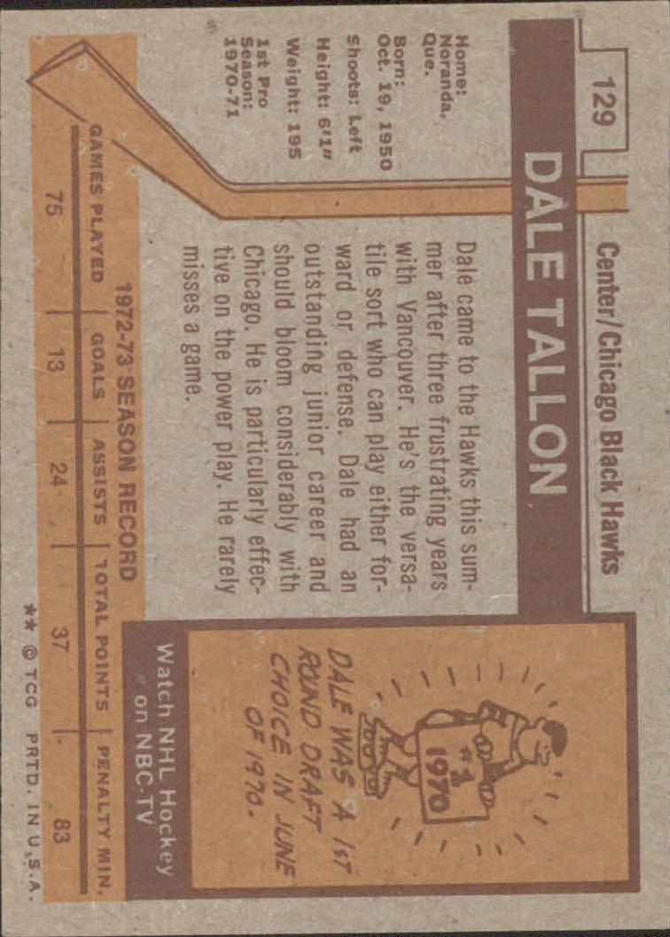 1973-74 Topps #129 Dale Tallon DP back image