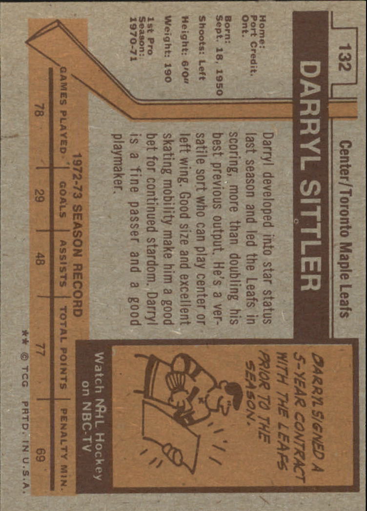 1973-74 Topps #132 Darryl Sittler DP back image