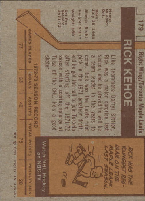 1973-74 Topps #179 Rick Kehoe DP back image