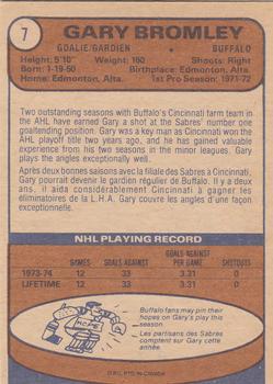 1974-75 O-Pee-Chee #7 Gary Bromley RC back image