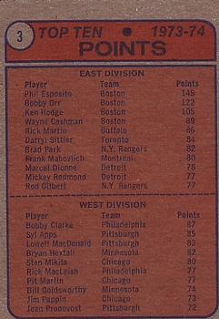 1974-75 Topps #3 Scoring Leaders/Phil Esposito/Bobby Clarke back image