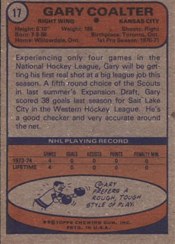 1974-75 Topps #17 Gary Coalter RC back image