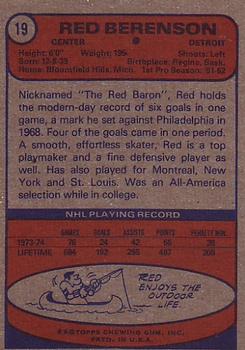 1974-75 Topps #19 Red Berenson back image