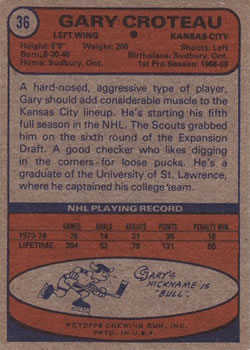 1974-75 Topps #36 Gary Croteau back image