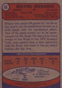 1974-75 Topps #66 Wayne Merrick RC back image