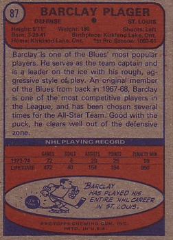 1974-75 Topps #87 Barclay Plager back image