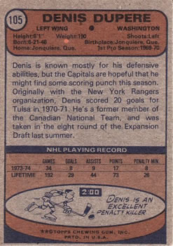 1974-75 Topps #105 Denis Dupere back image