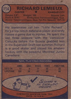 1974-75 Topps #114 Richard Lemieux back image