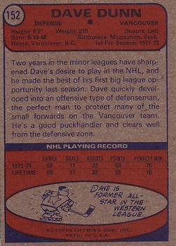 1974-75 Topps #152 Dave Dunn RC back image