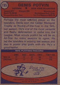 1974-75 Topps #195 Denis Potvin RC back image