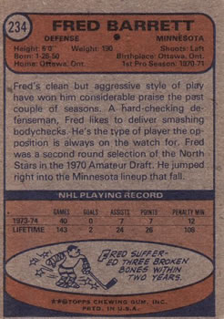 1974-75 Topps #234 Fred Barrett back image